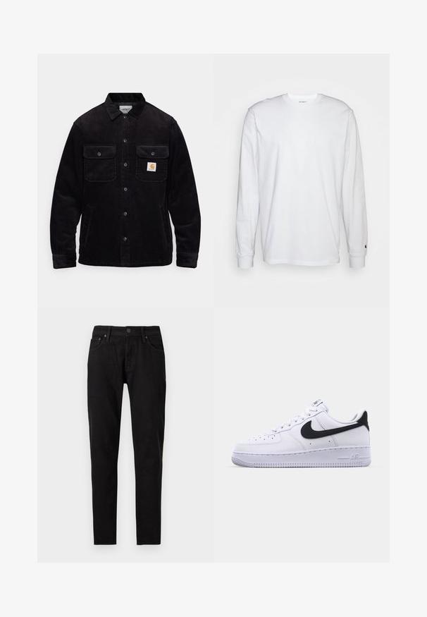 Sort kordfløjl jakke med to brystlommer med klapper, knaplukning og et logo-patch på venstre lomme. Tekstureret stof.; Hvid langærmet T-shirt lavet af bomuld. Rund halsudskæring med ribbede manchetter og et lille logo på venstre ærme. Glat tekstur.; Sorte slim-fit jeans med frontknap og lynlås lukning, bæltestropper og to forlommer synlige på en hvid baggrund.; Hvide lædersneakers med en struktureret sort Swoosh, flade snørebånd og en gummisål med et rillemønster. "AIR" er præget på hælen.