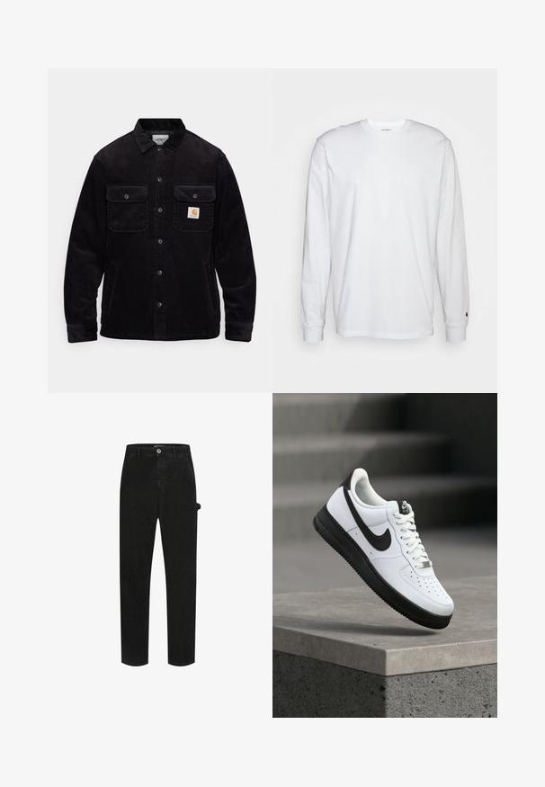 Veste en velours côtelé noir avec deux poches poitrine à rabat, un système de fermeture à boutons, et un patch logo sur la poche gauche. Tissu texturé.; T-shirt blanc à manches longues en coton. Design à col rond avec des poignets côtelés et un petit logo sur la manche gauche. Texture lisse.; Pantalons en denim noir avec un design à cinq poches, coupe droite, fermeture à bouton et poche utilitaire latérale avec coutures tonales.; Baskets en cuir blanc avec accents noirs, bout arrondi et détails perforés. Semelle en caoutchouc noire avec motif texturé et fermeture à lacets.
