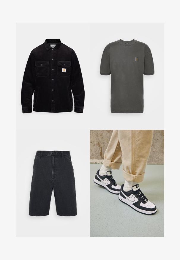 Zwarte corduroy jas met twee borstzakken met kleppen, een knoopsluiting en een opnamerichtlijn op de linkse zak. Gelaagde stof.; Carhartt WIP NELSON - T-shirt basic - black garment dyed; Zwarte denim shorts met een rechte snit, mid-rise tailleband, knoopsluiting aan de voorkant en zichtbare stikseldetails.; Zwart-witte Nike Air Force 1 sneakers met een leren bovenwerk, geperforeerde neus en gestructureerde zooldetails, gedragen met opgerolde beige broek en witte sokken.