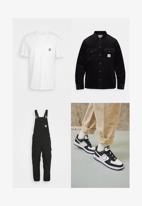 Sort kordfløjl jakke med to brystlommer med klapper, knaplukning og et logo-patch på venstre lomme. Tekstureret stof.; Hvid bomulds T-shirt med korte ærmer, en brystlomme, og et lille firkantet logo patch i orange og hvid på lommen.; Sorte bomuldsoveralls med justerbare stropper, en forlommes med logo patch og to sidelommer i en afslappet pasform.; Sorte og hvide Nike Air Force 1 sneakers med læderoverdel, perforeret tå og tekstureret såldetalje, båret med rullede beige bukser og hvide sokker.