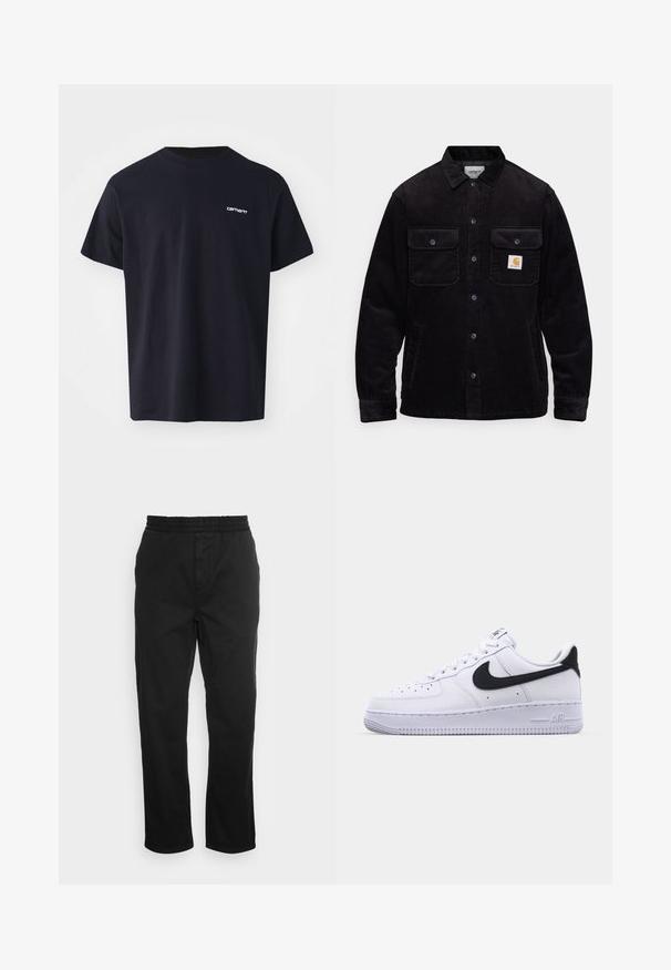 Zwarte corduroy jas met twee borstzakken met kleppen, een knoopsluiting en een opnamerichtlijn op de linkse zak. Gelaagde stof.; Zwarte katoenen T-shirt met korte mouwen, ronde hals en een subtiele witte logo op de linkerkant van de borst. Gladde textuur, reguliere pasvorm.; Zwarte katoenen broeken met een elastische tailleband, rechte pijpen en zijzakken. Zachte textuur zonder patronen of accenten.; Witte leren sneaker met een gestructureerde zwarte Swoosh, platte veters en een rubberen zool met een geribbeld patroon. "AIR" is in de hak geperst.
