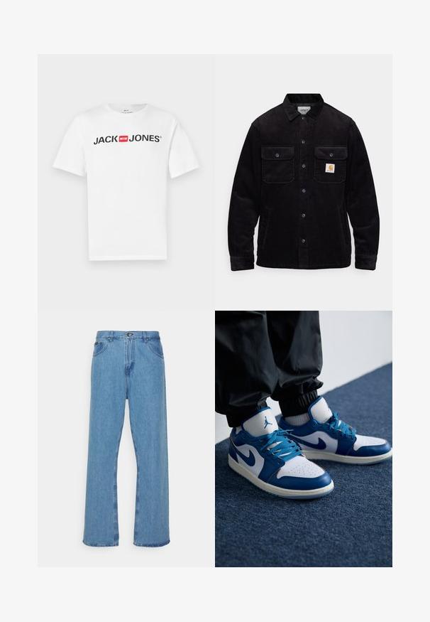 Zwarte corduroy jas met twee borstzakken met kleppen, een knoopsluiting en een opnamerichtlijn op de linkse zak. Gelaagde stof.; Witte katoenen T-shirt met een groot zwart "JACK & JONES" logo en een rode doosaccent. Korte mouwen en een klassiek ronde halsontwerp.; Lichtblauwe denim wijdvallende jeans met een hoge taille, voorzien van een knoop- en ritssluiting, vijf zakken en rafelige zoom.; Nike Air Jordan sneakers hebben een witte leren basis met blauwe synthetische accenten, een geperforeerde neusdoos en blauwe veters.