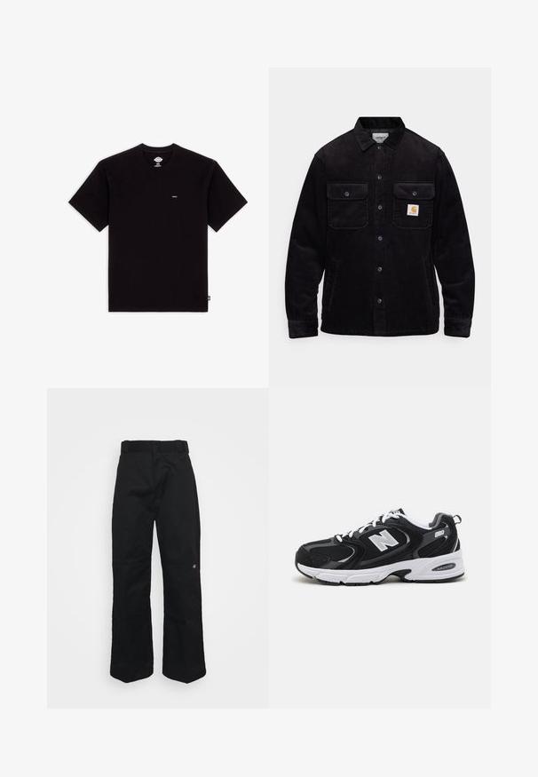 Schwarze Cordjacke mit zwei Brusttaschen mit Klappen, einem Knopfverschluss und einem Logopatch auf der linken Tasche. Strukturierter Stoff.; Schwarzes Baumwoll-T-Shirt mit kurzen Ärmeln, Rundhalsausschnitt, verfügt über ein kleines Logoschild auf der Brust und hat ein schlichtes Design ohne Muster oder Akzente.; Schwarze Hosen aus stabilem Stoff mit geradem Bein, Bundschlaufen und einem kleinen Logo an der unteren Seite.; Schwarze und graue Sportschuhe mit Obermaterial aus Mesh und Wildleder, ausgestattet mit einer weißen Zwischensohle, Schnürsenkeln und einem markanten "N"-Logo an der Seite.
