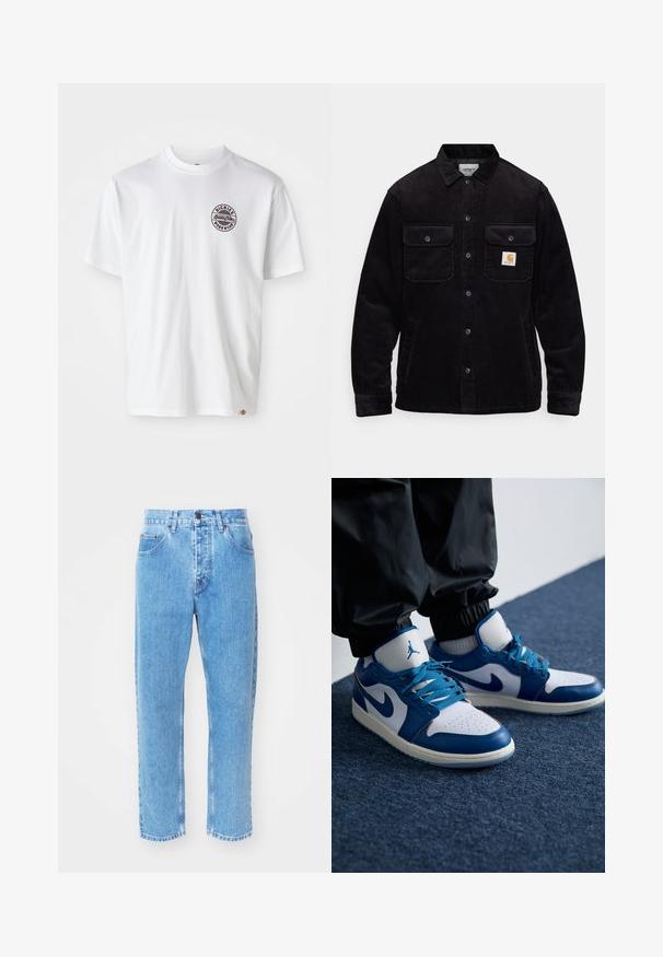 Schwarze Cordjacke mit zwei Brusttaschen mit Klappen, einem Knopfverschluss und einem Logopatch auf der linken Tasche. Strukturierter Stoff.; Weißes Baumwoll-T-Shirt mit rundem Logo auf der Brust. Rundhalsausschnitt, kurze Ärmel, lässige Passform, mit roten und schwarzen Akzenten.; Hellblaue Denim-Jeans verfügen über ein gerades Bein-Design, fünf Taschen und einen klassischen Knopfverschluss am Bund.; Die Nike Air Jordan Sneakers verfügen über eine weiße Lederbasis mit blauen synthetischen Akzenten, einer perforierten Zehenbox und blauen Schnürsenkeln.