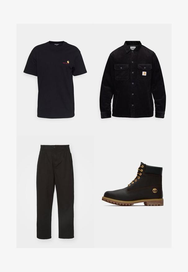 Veste en velours côtelé noir avec deux poches poitrine à rabat, un système de fermeture à boutons, et un patch logo sur la poche gauche. Tissu texturé.; T-shirt en coton noir à manches courtes, col rond, avec un petit logo coloré sur la poitrine gauche. Coupe classique avec une texture lisse.; Pantalons noirs en tissu lisse, dotés d'une fermeture à bouton, d'une coupe droite et de deux plis à l'avant pour un détail supplémentaire.; Bottine noire en cuir avec œillets dorés, accents marron et semelle en caoutchouc. Comprend un col rembourré et un logo estampé sur le côté.