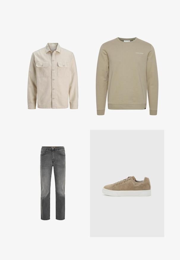 Beige nappipaita pehmeästä kankaasta, jossa on kaksi rintataskua, pitkät hihat ja suora helma. Yksivärinen pinta ilman kuvioita.; Beige puuvillainen collegepaita, jossa on pitkät hihat, pyöreä kaulus ja resorireunukset hihoissa. Ylävasemmalla rinnassa on pieni valkoinen logo.; Suorat miesten farkut haalistuneesta mustasta denimistä, joissa on nappi- ja vetskarisulku, etu- ja takataskut sekä vyölenkit.; Beige mokkanahkainen matala tennari, jossa on beiget nauhat ja valkoinen kumipohja, sivulta katsottuna vaaleanharmaalla taustalla.
