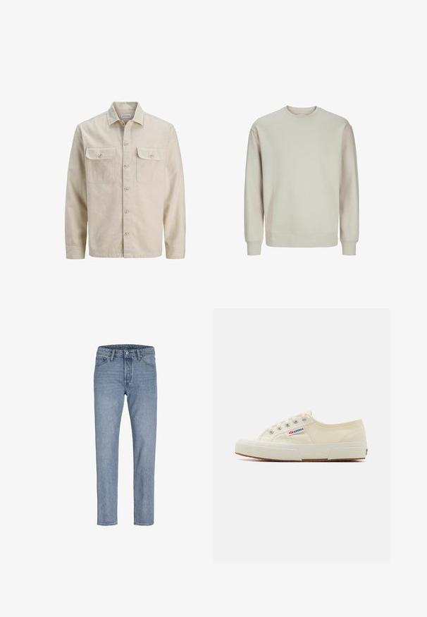 Chemise beige à boutons en tissu doux, dotée de deux poches poitrine, de manches longues et d'un ourlet droit. Texture unie sans motifs.; Sweatshirt gris clair en tissu doux, avec un col rond, des manches longues et des poignets et un ourlet côtelés pour un ajustement confortable.; Jeans en denim bleu clair avec une coupe droite, design à cinq poches, coutures piquées et fermeture à bouton à la taille.; Baskets en toile beige au design épuré, œillets en métal et semelle en caoutchouc. Présente un motif texturé et un détail de logo sur le côté.