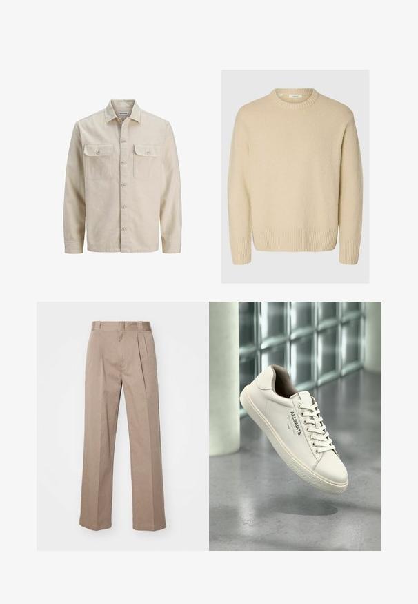 Beige Hemd mit Knöpfen aus weichem Stoff, ausgestattet mit zwei Brusttaschen, langen Ärmeln und einem geraden Saum. Einfarbig ohne Muster.; Cremfarbener Pullover aus strukturiertem Stoff. Verfügt über einen gerippten Rundhalsausschnitt und gerippte Bündchen, mit einem lockeren Schnitt und langen Ärmeln.; Beige, hoch taillierte Hosen mit weit geschnittenem Design. Verfügbar mit zwei Vorderfalten und einer glatten Textur. Standardlänge mit einem sauberen Finish.; Weißer AllSaints-Sneaker mit Schnürsenkeln, Logo und japanischem Text, der über einem polierten Betonboden mit mattierten Glasbausteinen im Hintergrund schwebt.