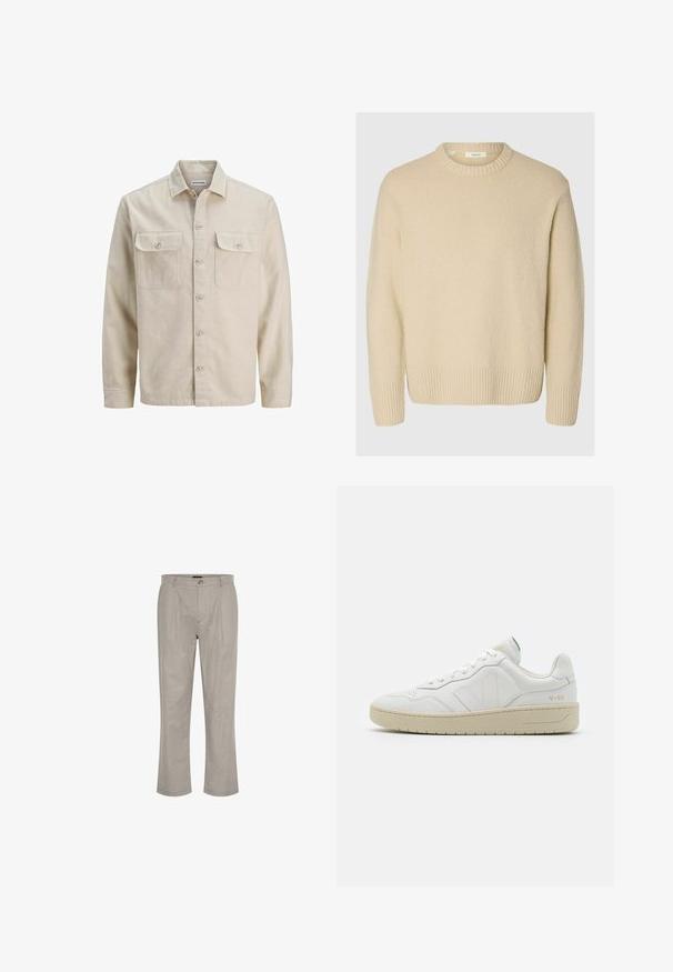Beige Hemd mit Knöpfen aus weichem Stoff, ausgestattet mit zwei Brusttaschen, langen Ärmeln und einem geraden Saum. Einfarbig ohne Muster.; Cremfarbener Pullover aus strukturiertem Stoff. Verfügt über einen gerippten Rundhalsausschnitt und gerippte Bündchen, mit einem lockeren Schnitt und langen Ärmeln.; Helle graue Leinenhose mit geradem Schnitt, ausgestattet mit einem einzelnen Knopfverschluss und zwei frontalen Falten für zusätzlichen Detailreichtum.; Weiße Leder-Sneaker mit strukturierter Oberfläche und gepolstertem Kragen. Sie verfügen über eine beigen Gummisohle und dezente Markenkennzeichnung an der Ferse und an der Seite.