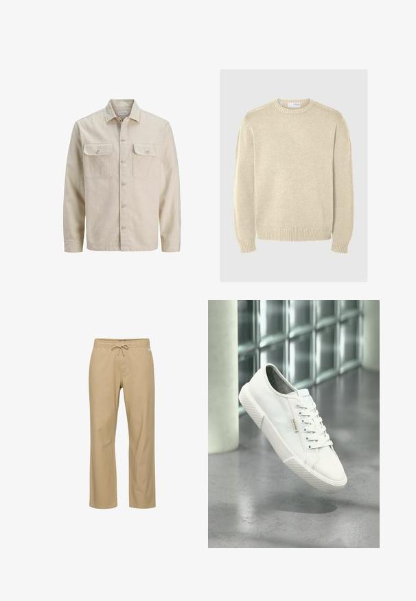 Chemise beige à boutons en tissu doux, dotée de deux poches poitrine, de manches longues et d'un ourlet droit. Texture unie sans motifs.; Pull en maille beige clair avec un col rond, des manches longues, des poignets et un ourlet côtelés. Texture lisse avec un motif de moyenne épaisseur.; Pantalon beige en coton coupe décontractée avec taille élastique et cordon de serrage. Comprend des poches latérales et une coupe droite. Pas de motifs visibles.; Baskets basses blanches Calvin Klein avec lacets, semelle en caoutchouc, et étiquette logo flottant au-dessus d'un sol gris poli près d'un mur en blocs de verre.
