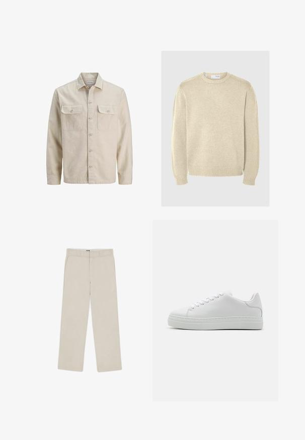 Beige skjorte med knaplukning i blødt stof, der har to brystlommer, lange ærmer og en lige søm. Ensfarvet tekstur uden mønstre.; Lys beige striktrøje med rund halsudskæring, lange ærmer, ribbede manchetter og kant. Glat tekstur med et mellemtykt mønster.; Beige brede bukser med en glat tekstur, der har bæltestropper, to frontlommer og en lynlåslukning. Minimalistisk design.; Hvide lædersneakers med en chunky platformsål, rund tå og seks snørehuller. Glat tekstur med subtile syninger.