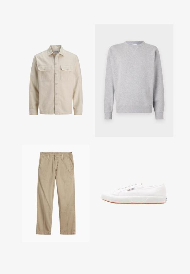 Beige skjorte med knaplukning i blødt stof, der har to brystlommer, lange ærmer og en lige søm. Ensfarvet tekstur uden mønstre.; Grå sweatshirt lavet af blødt stof, med rund halsudskæring, lange ærmer, ribbede manchetter og lige kant. Ingen synlige mønstre eller grafik.; Beige lige ben chinos med bæltestropper, frontknap og lynlås lukning samt skrå frontlommer.; Hvide kanvas sneakers med gummisål, snørebåndsdesign og et lille logo mærke på siden. Tekstureret hvid overdel og brun ydersål.