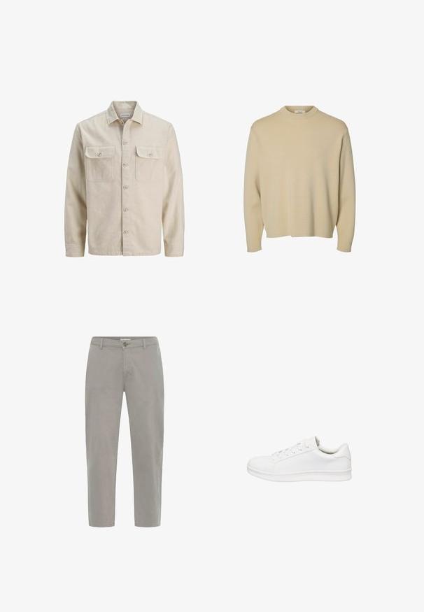 Chemise beige à boutons en tissu doux, dotée de deux poches poitrine, de manches longues et d'un ourlet droit. Texture unie sans motifs.; Pull en maille beige avec un col montant, des manches longues et une coupe décontractée. Le tissu semble doux avec une texture lisse et sans motifs visibles.; Pantalon décontracté gris clair avec passants de ceinture, fermeture avant à boutons et jambes droites, présenté sur un fond blanc.; Basket basse blanche avec fermeture à lacets, tige en cuir lisse, col rembourré et semelle épaisse en caoutchouc, présentée de profil sur fond blanc.