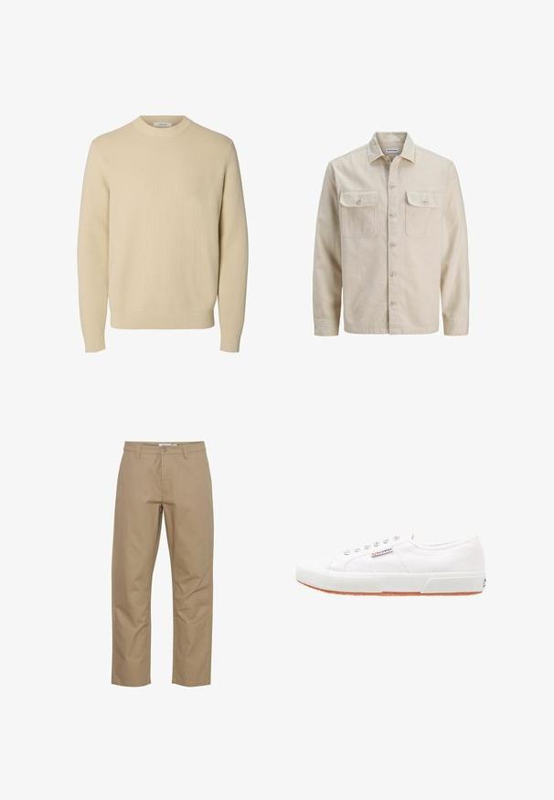 Beige overhemd met knopen in zachte stof, met twee borstzakken, lange mouwen en een rechte zoom. Effen textuur zonder patronen.; Effen beige ronde hals gebreide trui met lange mouwen en geribde boorden en zoom.; Beige katoenen broek met een rechte pijp, voorzien van een knoop- en ritsluiting aan de voorkant, zijzakken en een nette afwerking.; Witte canvas sneakers met een rubberen zool, vetersluiting en een klein logolabel aan de zijkant. Gewreven wit bovenwerk en een bruine zool.