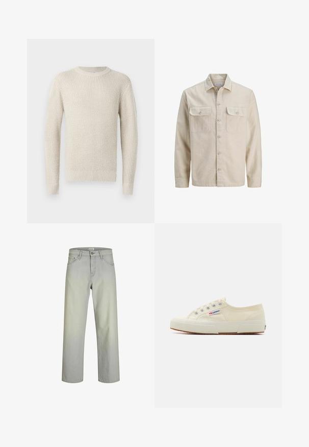 Chemise beige à boutons en tissu doux, dotée de deux poches poitrine, de manches longues et d'un ourlet droit. Texture unie sans motifs.; Pull en tricot de couleur crème avec une texture côtelée, col rond et manches longues. Présente une coupe ample et des poignets et un ourlet élastiques.; Jeans droits gris clair avec un design classique à cinq poches, fermeture à bouton et passants de ceinture. Fabriqués en tissu denim avec une texture lisse.; Baskets en toile beige au design épuré, œillets en métal et semelle en caoutchouc. Présente un motif texturé et un détail de logo sur le côté.