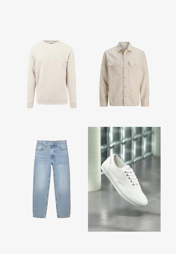 Beige Hemd mit Knöpfen aus weichem Stoff, ausgestattet mit zwei Brusttaschen, langen Ärmeln und einem geraden Saum. Einfarbig ohne Muster.; Helles beiges Sweatshirt aus weichem Stoff, mit rundem Hals, langen Ärmeln und gerippten Bündchen an den Ärmeln und am Saum.; Hellblaue Denim-Jeans, lockere Passform, hoch sitzend, mit fünf Taschen, Knopf- und Reißverschluss, gerade Beine mit leicht ausgefranstem Saum.; Weißer niedriger Canvas-Sneaker mit Schnürsenkeln, beschriftet mit Tommy Hilfiger, schwebt über einem glatten grauen Boden nahe einer Glasbausteinwand.