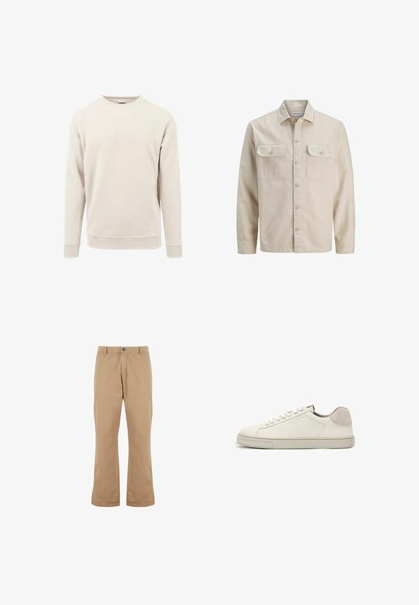 Beige Hemd mit Knöpfen aus weichem Stoff, ausgestattet mit zwei Brusttaschen, langen Ärmeln und einem geraden Saum. Einfarbig ohne Muster.; Helles beiges Sweatshirt aus weichem Stoff, mit rundem Hals, langen Ärmeln und gerippten Bündchen an den Ärmeln und am Saum.; Beige Baumwollhosen mit geradem Schnitt, ausgestattet mit einem Knopfverschluss, Vordertaschen und einer glatten Textur.; Weißer Sneaker aus Leder in niedriger Ausführung mit weißen Schnürsenkeln, leicht strukturierter Sohle und hellgrauem Wildleder-Fersenpatch, Seitenansicht.