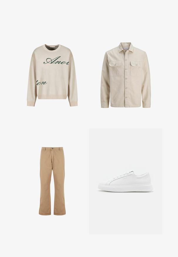 Camisa beige de botones en tejido suave, con dos bolsillos en el pecho, mangas largas y dobladillo recto. Textura lisa sin patrones.; Jersey de punto beige con texto verde en cursiva. Cuello y puños acanalados, corte relajado, con una textura suave.; Pantalones de algodón beige con un corte recto, que cuentan con un cierre de botón, bolsillos frontales y una textura suave.; Zapatillas blancas hechas de material sintético suave. Presentan un diseño de caña baja, suela blanca elevada, punta redondeada y cordones en la parte frontal con cinco ojetes.