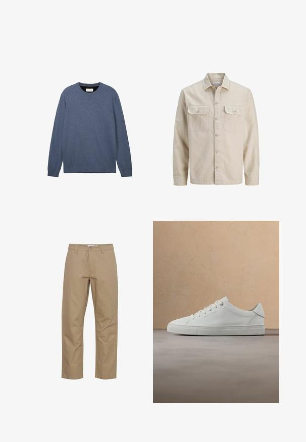 Beige skjorte med knaplukning i blødt stof, der har to brystlommer, lange ærmer og en lige søm. Ensfarvet tekstur uden mønstre.; Crewneck sweater i mørkeblå, fremstillet af blødt stof med en glat tekstur, der har lange ærmer og ribbede manchetter samt kant.; Beige bomuldsbukser med lige ben-design, der har en frontknap og lynlås lukning, sidelommer og et rent finish.; Hvid læderlav-top sneaker med snørebånd, placeret i luften over et struktureret beige tæppe, tæt på et rundt træ sofabord med bøger.
