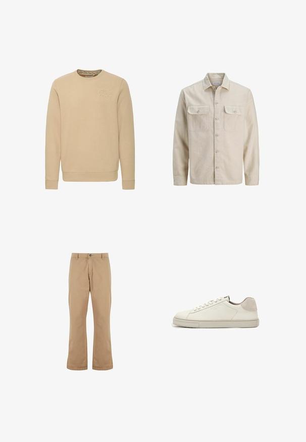 Chemise beige à boutons en tissu doux, dotée de deux poches poitrine, de manches longues et d'un ourlet droit. Texture unie sans motifs.; Sweat-shirt beige à manches longues et col rond avec un design de montagne subtilement embossé et le texte ""ENJOY"" sur la poitrine.; Pantalon beige coupe droite avec passants pour ceinture, bouton à l’avant et fermeture éclair, présenté sur fond blanc.; Baskets basses en cuir blanc avec lacets blancs, semelle légèrement texturée et patch en daim gris clair au talon, vue latérale.