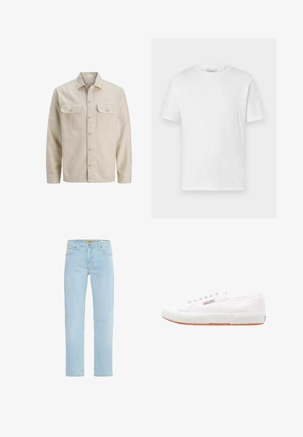 Beige skjorte med knaplukning i blødt stof, der har to brystlommer, lange ærmer og en lige søm. Ensfarvet tekstur uden mønstre.; Hvid kortærmet t-shirt lavet af bomuld. Har en rund halsudskæring og lige kant. Ingen mønstre eller udsmykninger. Enkel design.; Lysblå denim jeans med lige snit, fem-lomme design, subtil falmning og klassisk talje med lukning med knap foran.; Hvide kanvas sneakers med gummisål, snørebåndsdesign og et lille logo mærke på siden. Tekstureret hvid overdel og brun ydersål.