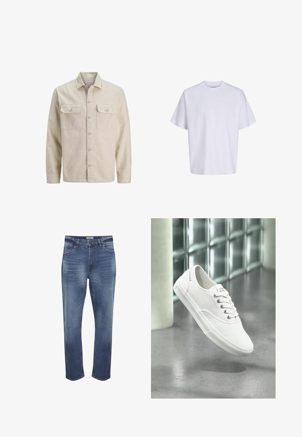 Camisa beige de botones en tejido suave, con dos bolsillos en el pecho, mangas largas y dobladillo recto. Textura lisa sin patrones.; Camiseta blanca lisa de manga corta, de gran tamaño, con cuello redondo y corte holgado sobre un fondo blanco.; Vaqueros de mezclilla en azul medio con un acabado descolorido, diseño de cinco bolsillos, cierre de cremallera y corte recto estándar. Detalles de costura distintivos.; Zapatilla blanca de lona baja con cordones, etiquetada como Tommy Hilfiger, mostrada flotando sobre un suelo gris liso cerca de una pared de bloques de vidrio.