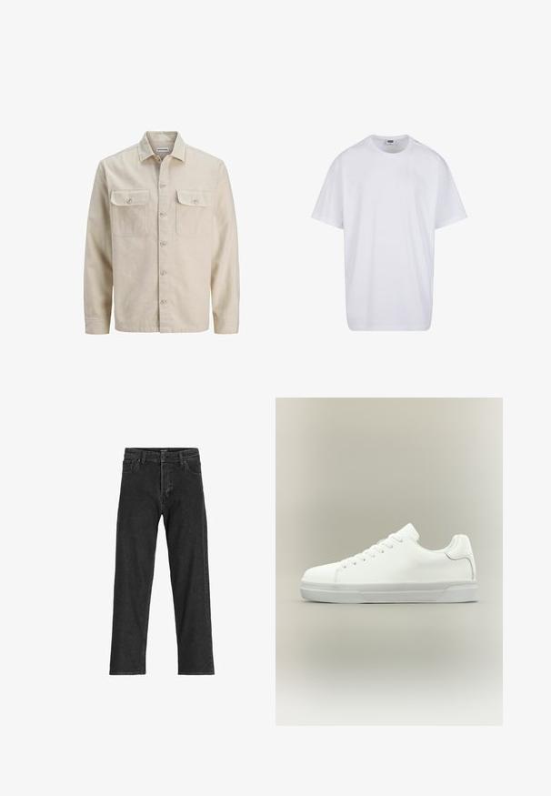 Beige skjorte med knaplukning i blødt stof, der har to brystlommer, lange ærmer og en lige søm. Ensfarvet tekstur uden mønstre.; Hvid, kortærmet bomulds-T-shirt med rund hals og synligt størrelses- og mærkelabel inde i kraven.; Sorte denim jeans med lige ben-design, som har lynlås, bæltestropper og seks lommer, lavet af et robust bomuldsblandingsstof.; Hvid lavtop sneaker med snørelukning foran, polstret krave og tekstureret gummisål, vist i sidelayout på neutral baggrund.