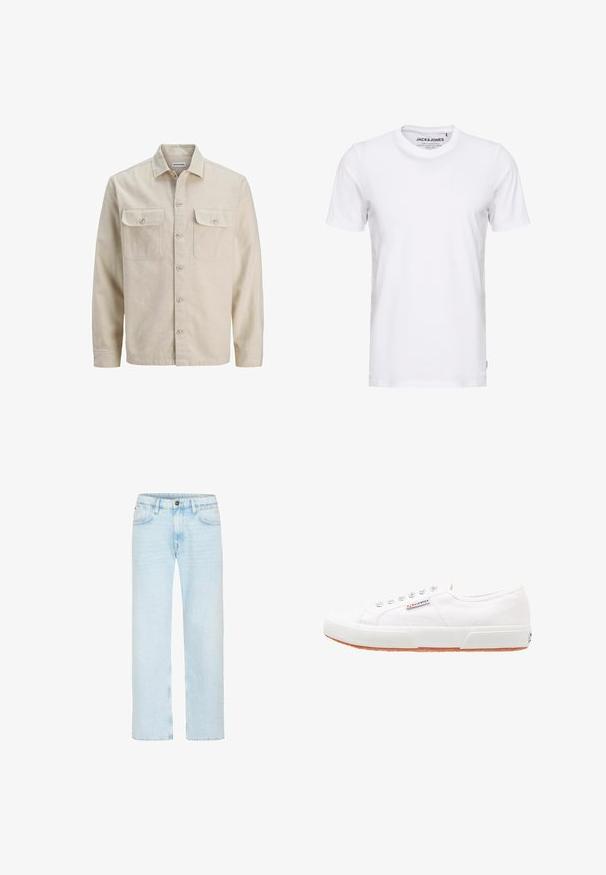 Camisa beige de botones en tejido suave, con dos bolsillos en el pecho, mangas largas y dobladillo recto. Textura lisa sin patrones.; Camiseta de manga corta blanca, hecha de algodón, con cuello redondo y un diseño sencillo. Etiqueta de la marca visible en la zona del cuello. Sin patrones ni detalles.; Vaqueros azul claro de pierna recta con botón y cremallera delanteros, trabillas para cinturón y bolsillos delanteros sobre un fondo blanco.; Zapatillas de lona blancas con suela de goma, diseño de cordones y una pequeña etiqueta con el logo en el lateral. Parte superior texturizada blanca y suela marrón.
