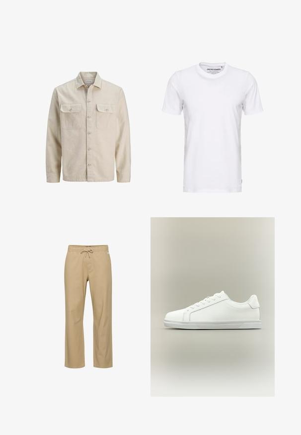 Camisa beige de botones en tejido suave, con dos bolsillos en el pecho, mangas largas y dobladillo recto. Textura lisa sin patrones.; Camiseta de manga corta blanca, hecha de algodón, con cuello redondo y un diseño sencillo. Etiqueta de la marca visible en la zona del cuello. Sin patrones ni detalles.; Pantalones de algodón beige de corte relajado con cintura elástica y cordón. Presentan bolsillos laterales y corte recto en las piernas. Sin patrones visibles.; Zapatilla blanca de caña baja con cordones al frente y suela de goma texturizada sobre un fondo neutro y sencillo.
