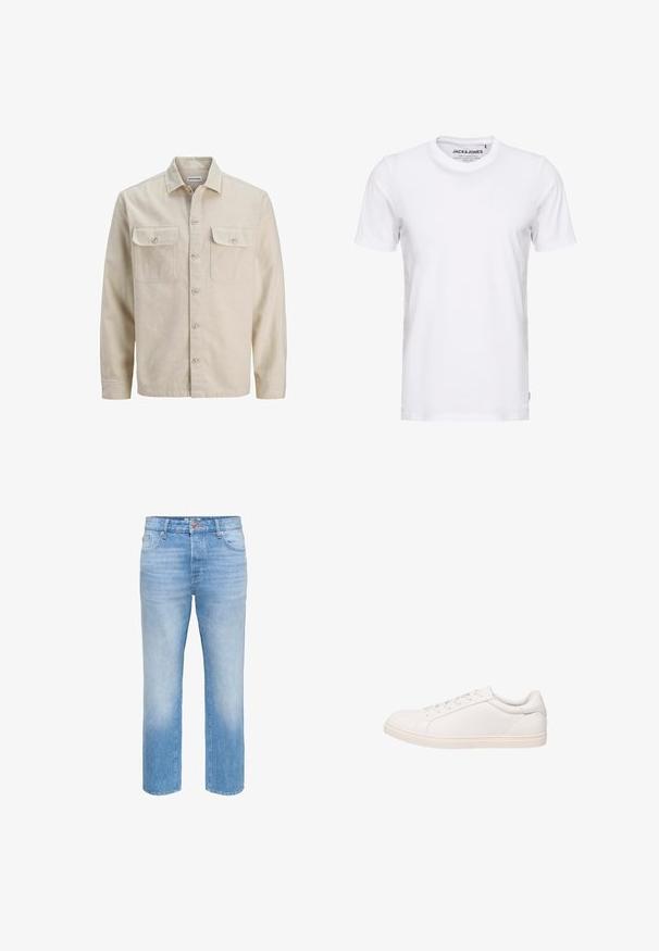 Chemise beige à boutons en tissu doux, dotée de deux poches poitrine, de manches longues et d'un ourlet droit. Texture unie sans motifs.; T-shirt blanc à manches courtes en coton, avec un col rond et un design simple. Étiquette de marque visible au niveau du cou. Aucun motif ni accent.; Jean en denim bleu clair avec une coupe droite, un design à cinq poches et une fermeture à bouton sur le devant, présentant une légère décoloration de la couleur.; Baskets basses blanches avec fermeture à lacets et semelle plate, montrées en profil latéral sur fond blanc.