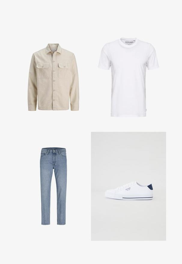 Beige Hemd mit Knöpfen aus weichem Stoff, ausgestattet mit zwei Brusttaschen, langen Ärmeln und einem geraden Saum. Einfarbig ohne Muster.; Weißes T-Shirt mit kurzen Ärmeln aus Baumwolle, mit Rundhalsausschnitt und einem schlichten Design. Markentag im Nackenbereich sichtbar. Keine Muster oder Verzierungen.; Helle blaue Jeans mit geradem Bein, Fünf-Taschen-Design, genähten Nähten und einem Knopfverschluss an der Taille.; Weiße Canvas-Sneaker mit navyblauem Fersenakzent, flacher Gummisohle, runder Zehenpartie und weißen Schnürsenkeln. Mit Logo an der Seite.