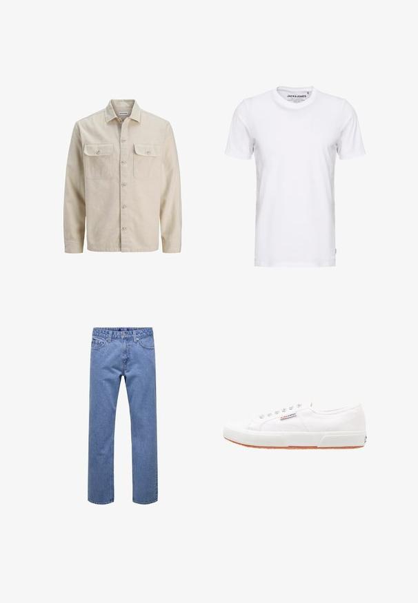 Chemise beige à boutons en tissu doux, dotée de deux poches poitrine, de manches longues et d'un ourlet droit. Texture unie sans motifs.; T-shirt blanc à manches courtes en coton, avec un col rond et un design simple. Étiquette de marque visible au niveau du cou. Aucun motif ni accent.; Jean droit en denim bleu avec bouton et fermeture éclair à l'avant, passants pour ceinture, et poches avant et arrière.; Baskets en toile blanches avec une semelle en caoutchouc, design à lacets et une petite étiquette logo sur le côté. Tige blanche texturée et semelle extérieure marron.