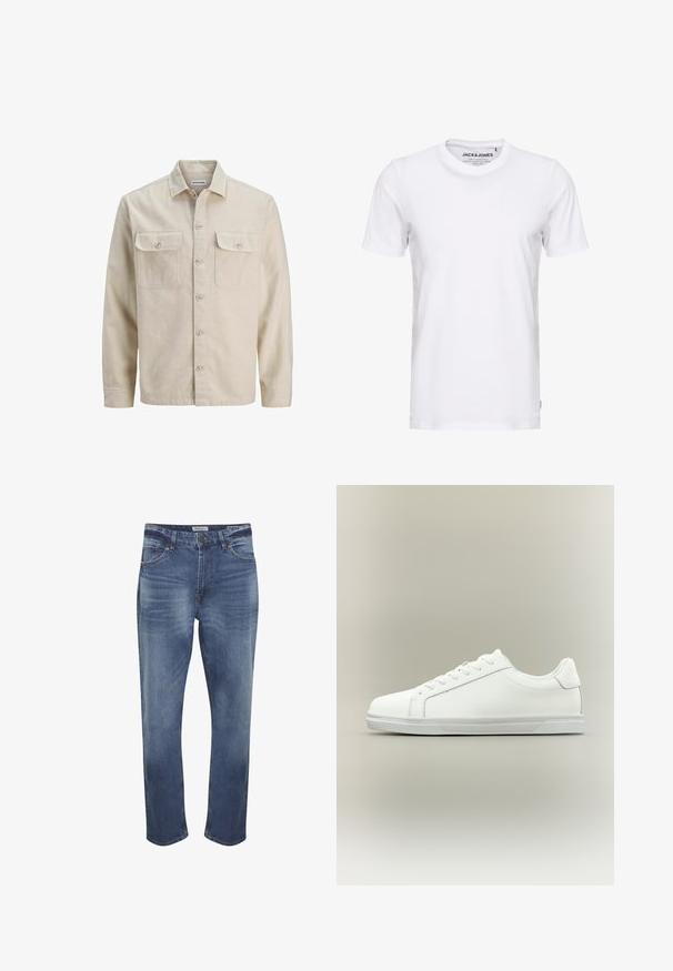 Camisa beige de botones en tejido suave, con dos bolsillos en el pecho, mangas largas y dobladillo recto. Textura lisa sin patrones.; Camiseta de manga corta blanca, hecha de algodón, con cuello redondo y un diseño sencillo. Etiqueta de la marca visible en la zona del cuello. Sin patrones ni detalles.; Vaqueros de mezclilla en azul medio con un acabado descolorido, diseño de cinco bolsillos, cierre de cremallera y corte recto estándar. Detalles de costura distintivos.; Zapatilla blanca de caña baja con cordones al frente y suela de goma texturizada sobre un fondo neutro y sencillo.