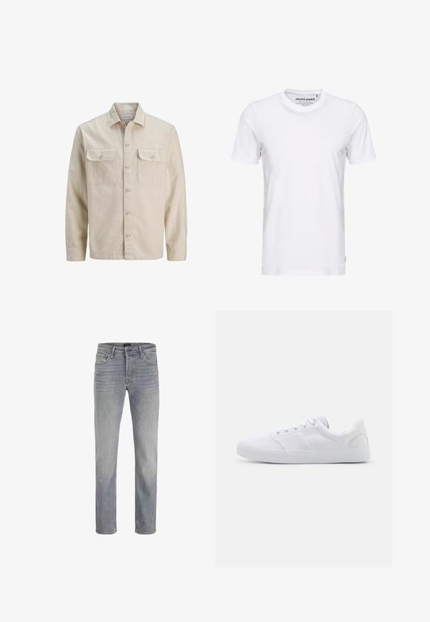 Beige Hemd mit Knöpfen aus weichem Stoff, ausgestattet mit zwei Brusttaschen, langen Ärmeln und einem geraden Saum. Einfarbig ohne Muster.; Weißes T-Shirt mit kurzen Ärmeln aus Baumwolle, mit Rundhalsausschnitt und einem schlichten Design. Markentag im Nackenbereich sichtbar. Keine Muster oder Verzierungen.; Hellgraue Denim-Jeans mit geradem Bein, fünf Taschen und klassischem Knopfverschluss. Glatte Stoffstruktur und sauberes Finish.; Weiße Leinenschuhe mit Gummisohle, ausgestattet mit sechs Ösen, einer strukturierten Zehenkappe und minimalistischer Gestaltung.