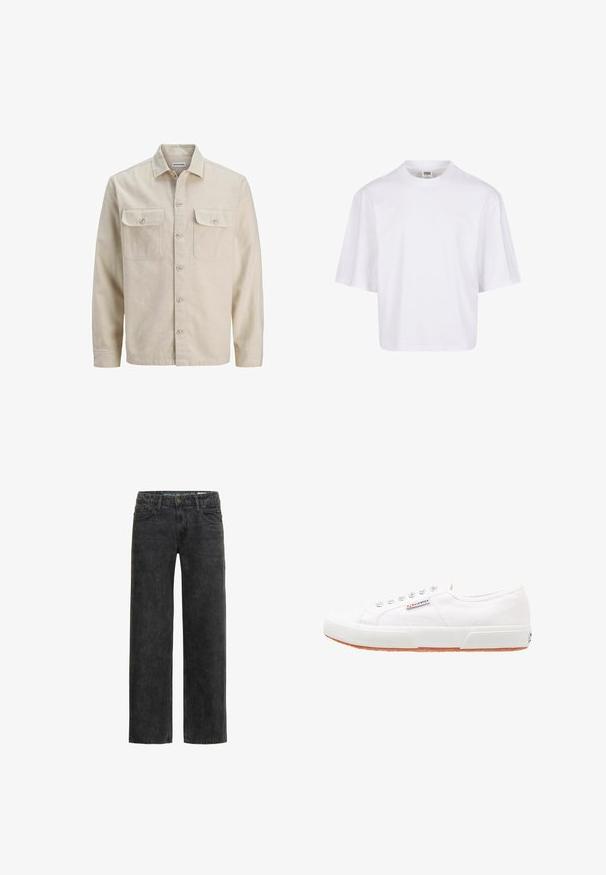 Beige overhemd met knopen in zachte stof, met twee borstzakken, lange mouwen en een rechte zoom. Effen textuur zonder patronen.; Witte, kortekorte t-shirt met een ronde hals en een ontspannen pasvorm, gemaakt van een zachte katoenmix. Geen patronen of versieringen.; Zwarte denim jeans met een ontspannen pasvorm, rechte pijpen, vijf-pocket ontwerp en een subtiele vervaagde textuur. Voorzien van een knoop- en ritssluiting.; Witte canvas sneakers met een rubberen zool, vetersluiting en een klein logolabel aan de zijkant. Gewreven wit bovenwerk en een bruine zool.