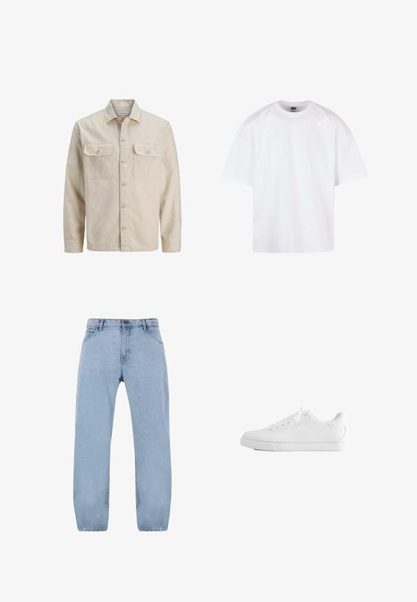 Beige skjorte med knaplukning i blødt stof, der har to brystlommer, lange ærmer og en lige søm. Ensfarvet tekstur uden mønstre.; Hvid kortærmet t-shirt med rund hals, lavet af bomuldsmateriale, der har en afslappet pasform og minimale syningsdetaljer.; Lys blå denimjeans med et lige ben-design, der har fire lommer, en lynlås og detaljer i gul syning.; Hvid lavtop sneakers med snørebånd, glat læderoverdel og flad gummiå sole set fra siden på en hvid baggrund.