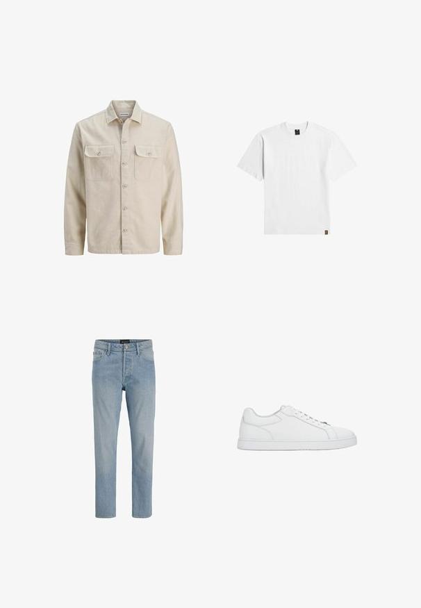 Beige Hemd mit Knöpfen aus weichem Stoff, ausgestattet mit zwei Brusttaschen, langen Ärmeln und einem geraden Saum. Einfarbig ohne Muster.; Schlichtes weißes T-Shirt mit kurzen Ärmeln und Rundhalsausschnitt, mit einem kleinen schwarzen Etikett am Kragen und einem braunen Label am unteren Saum.; Hellblaue Denim-Jeans mit geradem Schnitt, fünf Taschen, Knopfverschluss und einem leicht ausgewaschenen Finish.; Weißer, flacher Ledersneaker mit weißen Schnürsenkeln, genähten Details und flacher Gummisohle, seitlich auf einfarbigem Hintergrund gezeigt.
