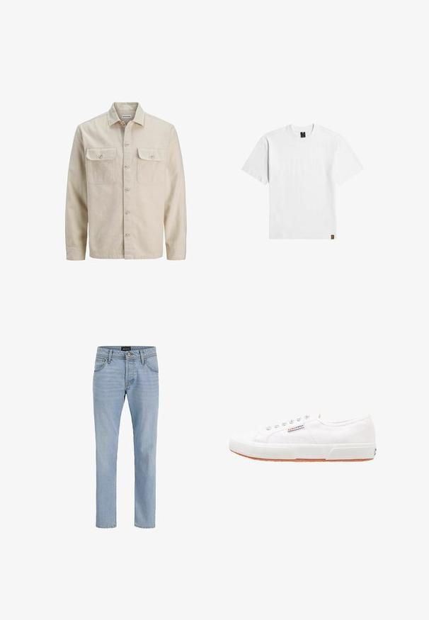 Beige Hemd mit Knöpfen aus weichem Stoff, ausgestattet mit zwei Brusttaschen, langen Ärmeln und einem geraden Saum. Einfarbig ohne Muster.; Schlichtes weißes T-Shirt mit kurzen Ärmeln und Rundhalsausschnitt, mit einem kleinen schwarzen Etikett am Kragen und einem braunen Label am unteren Saum.; Helle blaue Denim-Jeans mit schlankem Schnitt, Fünf-Taschen-Design, subtiler verblasster Textur und Metallbeschlägen am Reißverschluss und der Knopfleiste.; Weiße Leinensneaker mit Gummisohle, Schnürdesign und einem kleinen Logolabel an der Seite. Strukturierte weiße Oberseite und braune Außensohle.