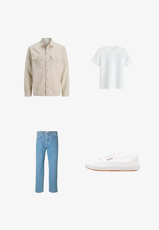 Beige overhemd met knopen in zachte stof, met twee borstzakken, lange mouwen en een rechte zoom. Effen textuur zonder patronen.; Effen witte katoenen T-shirt met korte mouwen en een ronde hals, getoond op een witte achtergrond.; Lichtblauwe denim jeans met een recht gesneden ontwerp. Kenmerken zijn een knoopsluiting, vijf zakken en gestikte details langs de naden.; Witte canvas sneakers met een rubberen zool, vetersluiting en een klein logolabel aan de zijkant. Gewreven wit bovenwerk en een bruine zool.
