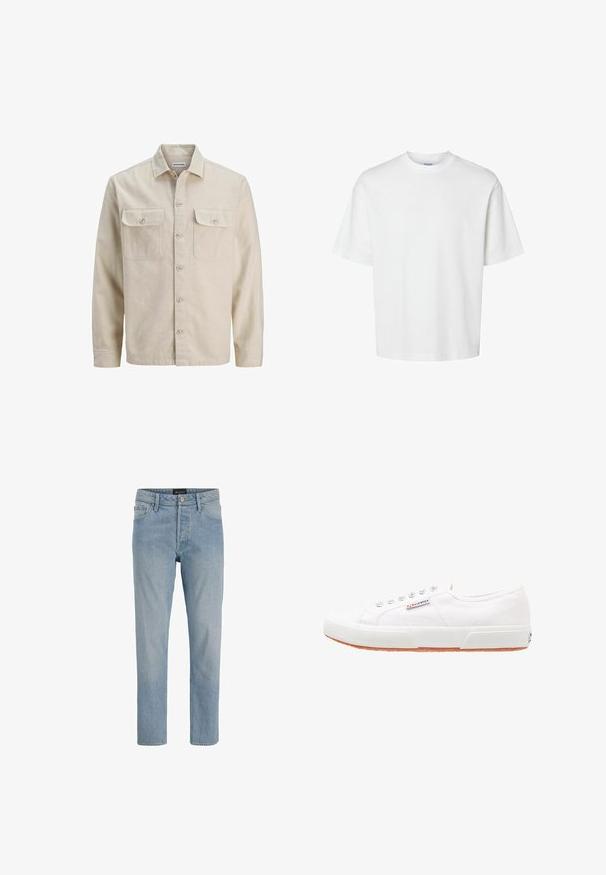 Beige Hemd mit Knöpfen aus weichem Stoff, ausgestattet mit zwei Brusttaschen, langen Ärmeln und einem geraden Saum. Einfarbig ohne Muster.; Schlichtes weißes T-Shirt mit kurzen Ärmeln, Rundhalsausschnitt und lockerem Schnitt, abgebildet auf weißem Hintergrund.; Hellblaue Denim-Jeans mit geradem Schnitt, fünf Taschen, Knopfverschluss und einem leicht ausgewaschenen Finish.; Weiße Leinensneaker mit Gummisohle, Schnürdesign und einem kleinen Logolabel an der Seite. Strukturierte weiße Oberseite und braune Außensohle.