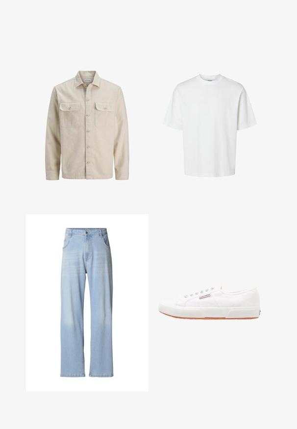 Beige Hemd mit Knöpfen aus weichem Stoff, ausgestattet mit zwei Brusttaschen, langen Ärmeln und einem geraden Saum. Einfarbig ohne Muster.; Schlichtes weißes T-Shirt mit kurzen Ärmeln, Rundhalsausschnitt und lockerem Schnitt, abgebildet auf weißem Hintergrund.; Hellblaue Jeans aus Denim mit geradem Bein, dezent ausgewaschen, fünf Taschen und einem Metallknopfverschluss am Bund.; Weiße Leinensneaker mit Gummisohle, Schnürdesign und einem kleinen Logolabel an der Seite. Strukturierte weiße Oberseite und braune Außensohle.
