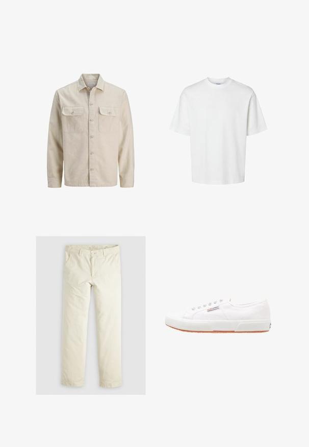 Beige overhemd met knopen in zachte stof, met twee borstzakken, lange mouwen en een rechte zoom. Effen textuur zonder patronen.; Effen witte korte mouw T-shirt met ronde hals en een losse pasvorm, getoond op een witte achtergrond.; Lichtbeige losse broek met drie zakken, riemlussen en een recht model. Gemaakt van een zachte katoenmix.; Witte canvas sneakers met een rubberen zool, vetersluiting en een klein logolabel aan de zijkant. Gewreven wit bovenwerk en een bruine zool.