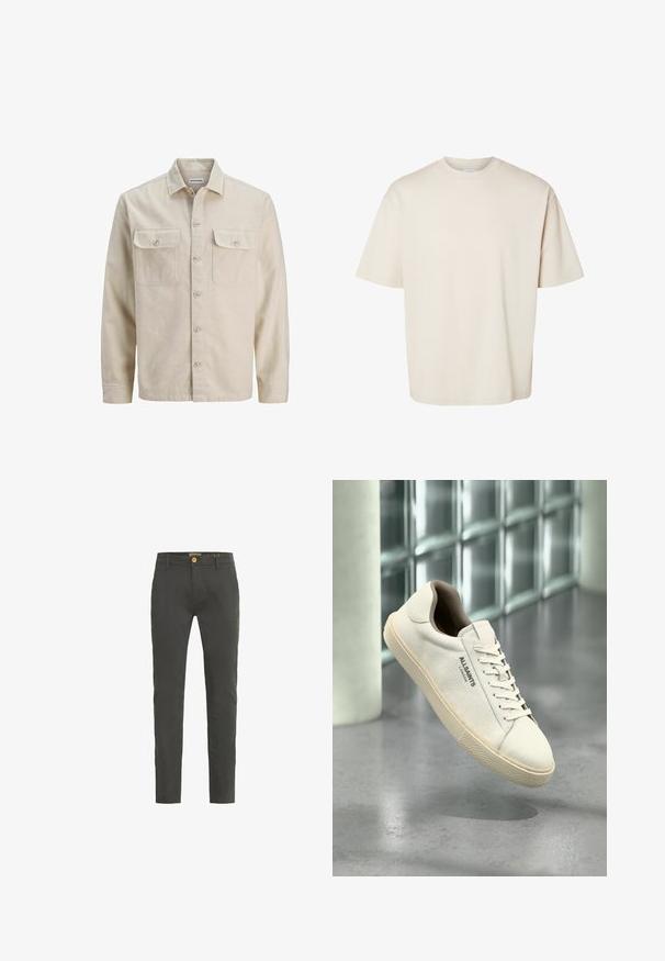 Camisa beige de botones en tejido suave, con dos bolsillos en el pecho, mangas largas y dobladillo recto. Textura lisa sin patrones.; Camiseta de algodón beige lisa, de manga corta, oversize y con cuello redondo, mostrada extendida sobre un fondo blanco.; Chinos de corte slim en gris oscuro, elaborados con una mezcla de algodón. Cuentan con un cierre de un solo botón y pasadores para cinturón. Textura suave con un detalle mínimo.; Zapatilla de lona blanca con suela y cordones beige, logo "AllSaints London" a un lado, flotando sobre un suelo gris pulido cerca de bloques de cristal.