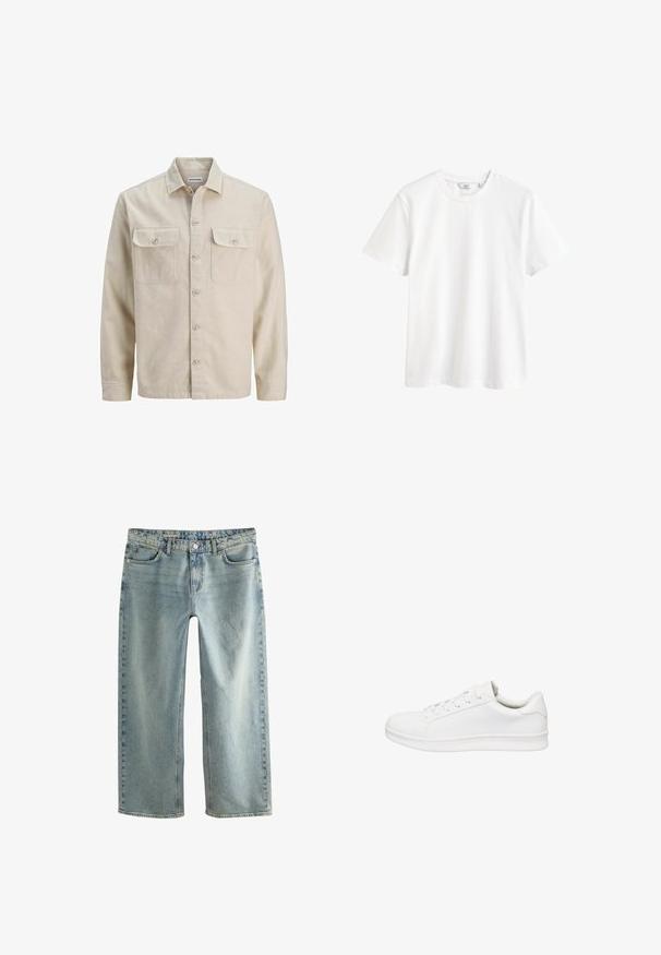 Camisa beige de botones en tejido suave, con dos bolsillos en el pecho, mangas largas y dobladillo recto. Textura lisa sin patrones.; Camiseta blanca lisa de manga corta con cuello redondo y una pequeña etiqueta de marca en el interior del cuello.; Los pantalones vaqueros holgados de mezclilla azul claro presentan un corte recto, un diseño de cinco bolsillos y un cierre con botón de hardware visible.; Zapatilla blanca de corte bajo con cierre de cordones, parte superior de cuero liso, cuello acolchado y suela gruesa de goma, mostrada en perfil lateral sobre fondo blanco.