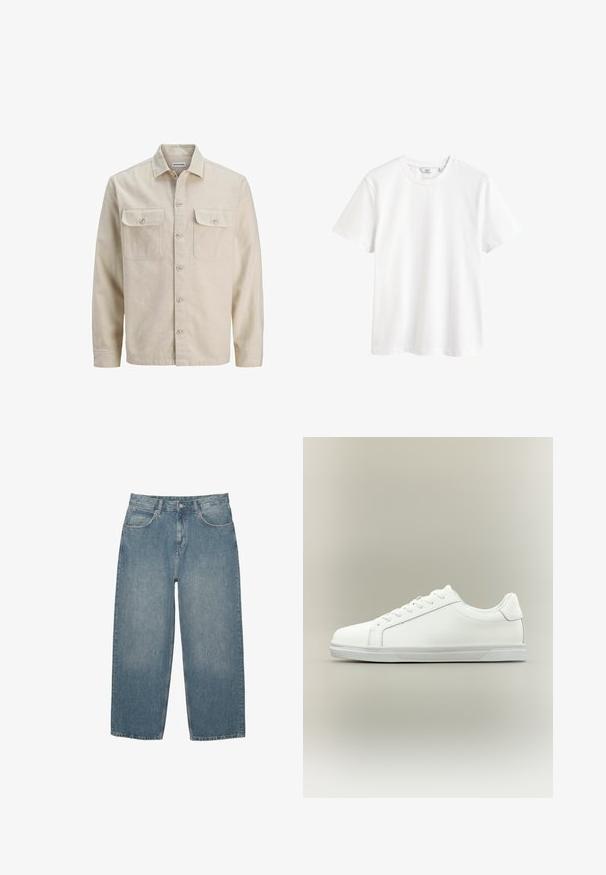 Beige skjorte med knaplukning i blødt stof, der har to brystlommer, lange ærmer og en lige søm. Ensfarvet tekstur uden mønstre.; Hvid kortærmet t-shirt med rund halsudskæring og en lille mærkeetiket indeni kraven.; Blå højtaljede lige jeans med forlommer, bæltestropper, knaplukning og subtilt slid på en hvid baggrund.; Lavtop hvid sneaker med snørelukning foran og tekstureret gummisål mod en ensartet neutral baggrund.