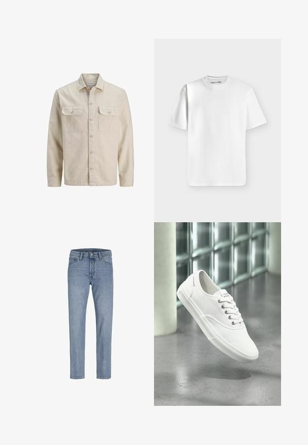 Beige overhemd met knopen in zachte stof, met twee borstzakken, lange mouwen en een rechte zoom. Effen textuur zonder patronen.; Effen wit T-shirt met korte mouwen en een ronde hals, plat liggend op een lichtgrijze achtergrond met een klein merkje aan de binnenkant van de halslijn.; Lichtblauwe spijkerbroeken met een recht gesneden pijp, vijf zakken, gestikte naden en een knoopsluiting bij de taille.; Witte lage canvas sneaker met veters, met label Tommy Hilfiger, getoond zwevend boven een gladde grijze vloer nabij een muur van glasblokken.