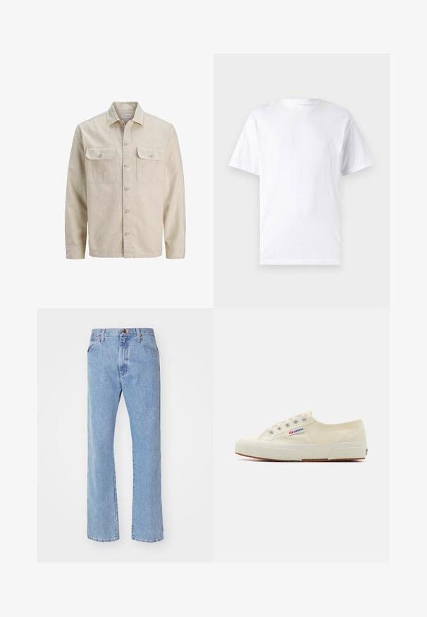 Beige Hemd mit Knöpfen aus weichem Stoff, ausgestattet mit zwei Brusttaschen, langen Ärmeln und einem geraden Saum. Einfarbig ohne Muster.; Weißes kurzärmeliges T-Shirt aus Baumwolle mit Rundhalsausschnitt, das eine glatte Textur und ein einfaches Design ohne Muster oder Akzente aufweist.; Hellblaue Jeans mit geradem Bein, Frontknopf- und Reißverschluss, Gürtelschlaufen und normalen Vordertaschen.; Beige Leinen-Sneaker mit niedrigem Profil, Metallösen und Gummisohle. Mit einem strukturierten Muster und einem Logodetail an der Seite.