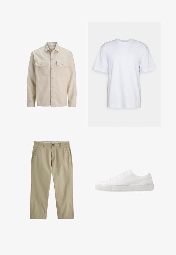 Béžová košeľa na gombíky z mäkkého materiálu, s dvoma vreckami na hrudi, dlhými rukávmi a rovný lem. Hladká textúra bez vzorov.; Filippa K HEAVY CREW NECK TEE - Základné tričko - white; Béžové nohavice s rovnými nohavicami, pútkami na opasok, šikmými prednými vreckami a zapínaním na jeden gombík v páse.; Biele kožené tenisky s hladkým povrchom, zaobleným špičkou a šiestimi otvormi na šnúrky. Majú textúrovanú gumovú podrážku a minimalistický dizajn.