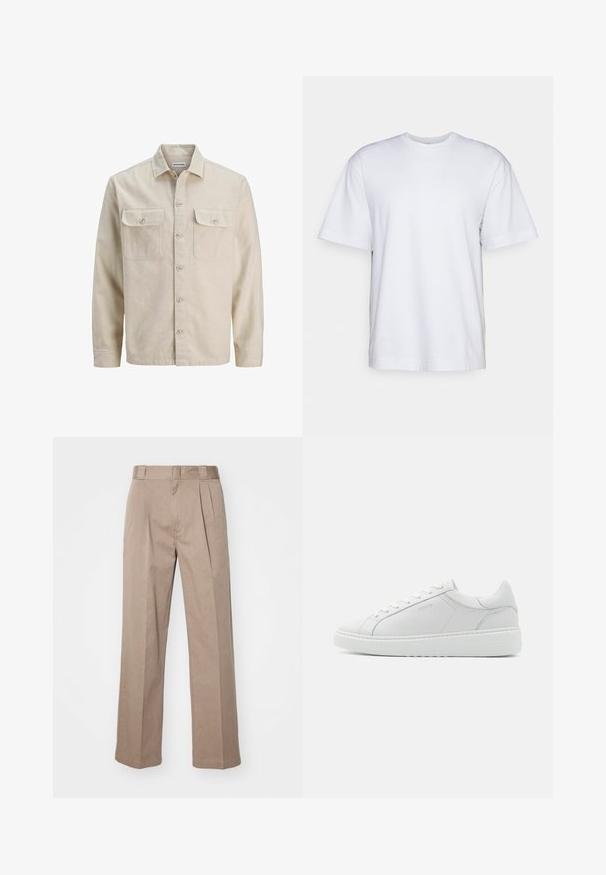 Beige overhemd met knopen in zachte stof, met twee borstzakken, lange mouwen en een rechte zoom. Effen textuur zonder patronen.; Filippa K HEAVY CREW NECK TEE - T-shirt basic - white; Beige, hoge taille broek met een wijde pijpontwerp. Bevat twee voorplooien en een soepele textuur. Standaard lengte met een nette afwerking.; Witte lederen sneaker met een gladde textuur, ronde neus, laag profiel ontwerp en subtiele branding aan de zijkant. Gevoerde kraag en veters.