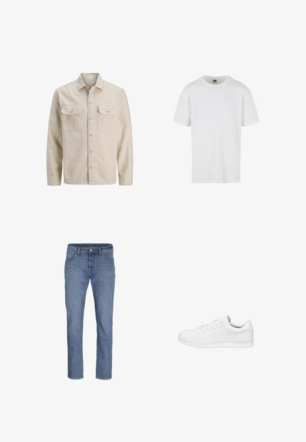 Beige skjorte med knaplukning i blødt stof, der har to brystlommer, lange ærmer og en lige søm. Ensfarvet tekstur uden mønstre.; Hvid kortærmet t-shirt lavet af tekstureret bomuld. Har rund hals og lige-snittet søm. Minimalistisk design uden synlige logoer.; Lyseblå denimjeans med lige pasform, fem lommer og en frontknaplukning med kontraststikninger.; Lavtop hvid sneaker med snørebånd, glat læderoverdel, polstret krave og tyk gummisål, vist i sideprofil på hvid baggrund.